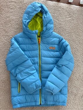 Stio Kids Light Blue Puffer Jacket with Lime Green Lining and Orange Logo